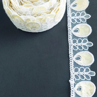 White Tissue Fabric Cutwork Embroidered Lace Trim With White and Off White Embroidery, Approx. 40mm Wide, One yard Lace